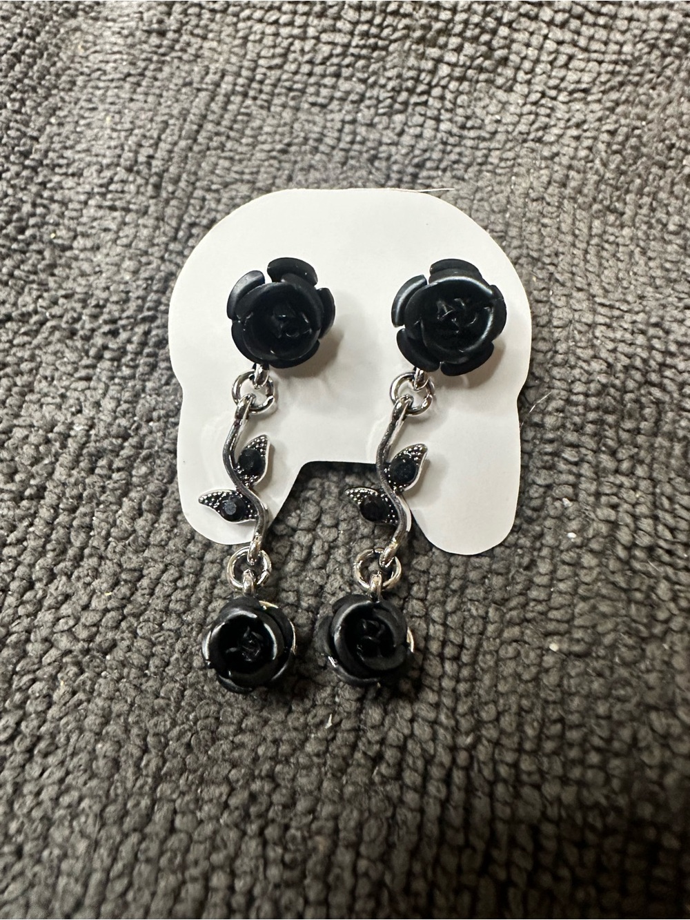 Black Rose Drop Earrings with Silver Vine Detail - Women Jewelry